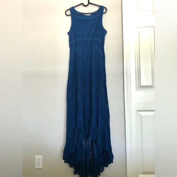 Dresses & Skirts - Blue Lace Maxi Dress - Sleeveless High-Low Evening Gown
